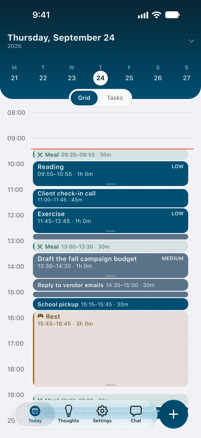 Flowo Today screen in grid view for Thursday 24 September: a meal at 09:25, Reading, a Client check-in call at 11:00, Exercise, a second meal at 13:00, Draft the fall campaign budget, Reply to vendor emails, School pickup at 15:15 and a three-hour Rest block, with a red line marking the current time.