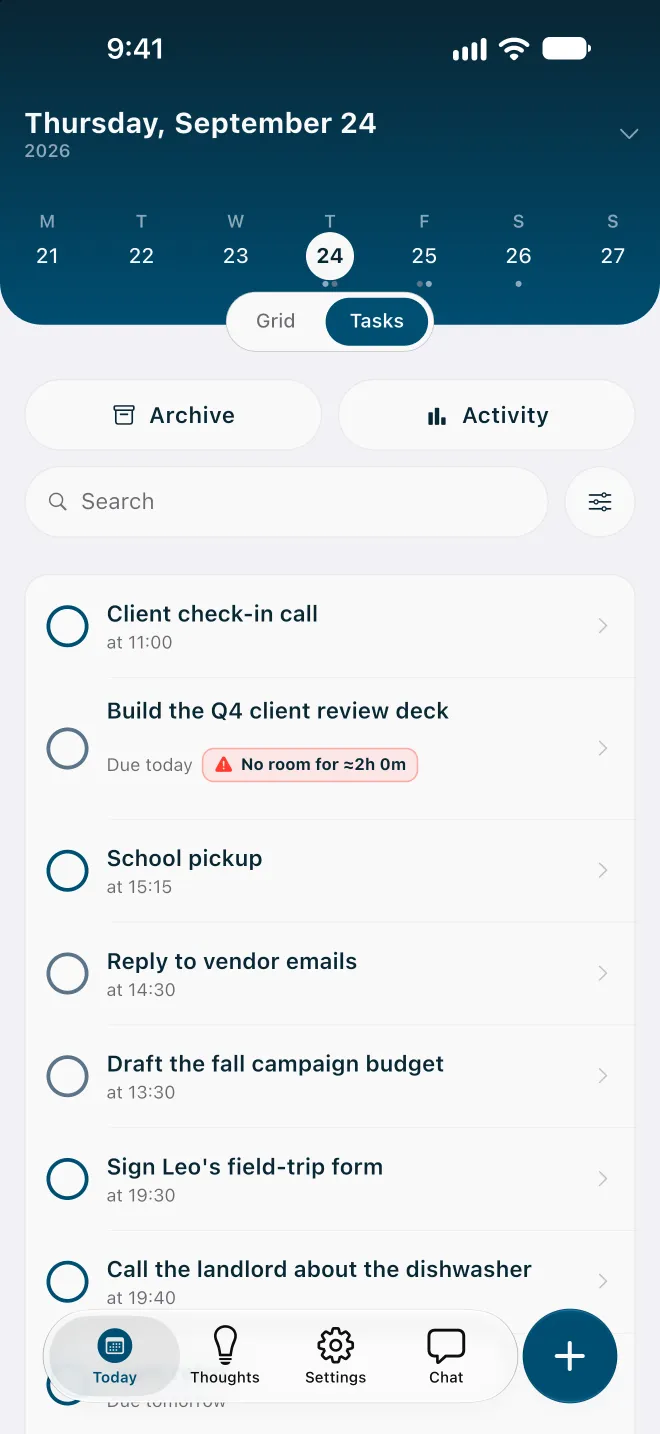 Flowo Today screen in Tasks view. "Build the Q4 client review deck" is due today and carries a red badge reading "No room for ≈2h 0m". Other tasks show their start times, such as Reply to vendor emails at 14:30.