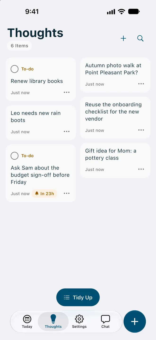 Flowo Thoughts screen with six notes as cards, including "Renew library books" and "Ask Sam about the budget sign-off before Friday", both marked To-do, the second with a reminder chip reading "In 23h". A Tidy Up button sits at the bottom.