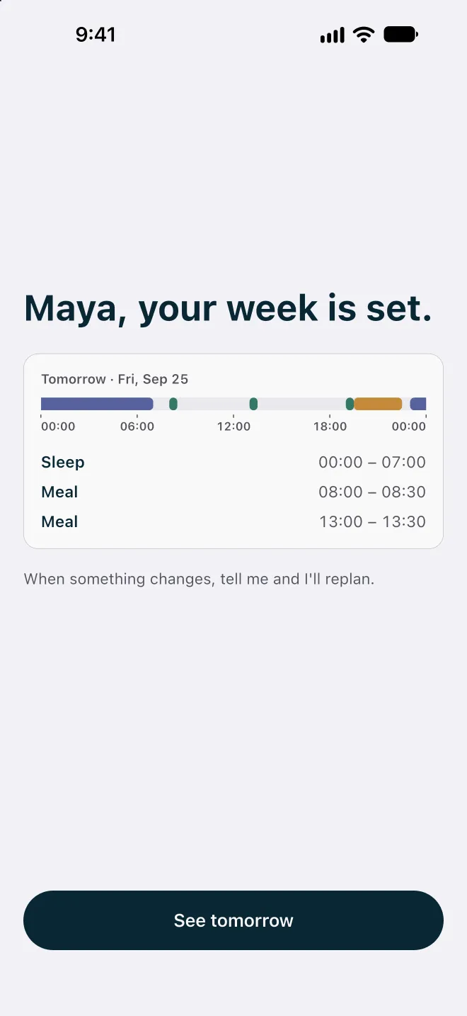 Flowo onboarding completion screen reading "Maya, your week is set." A timeline for Friday 25 September shows Sleep 00:00 to 07:00, Meal 08:00 to 08:30 and Meal 13:00 to 13:30, with the line "When something changes, tell me and I'll replan."