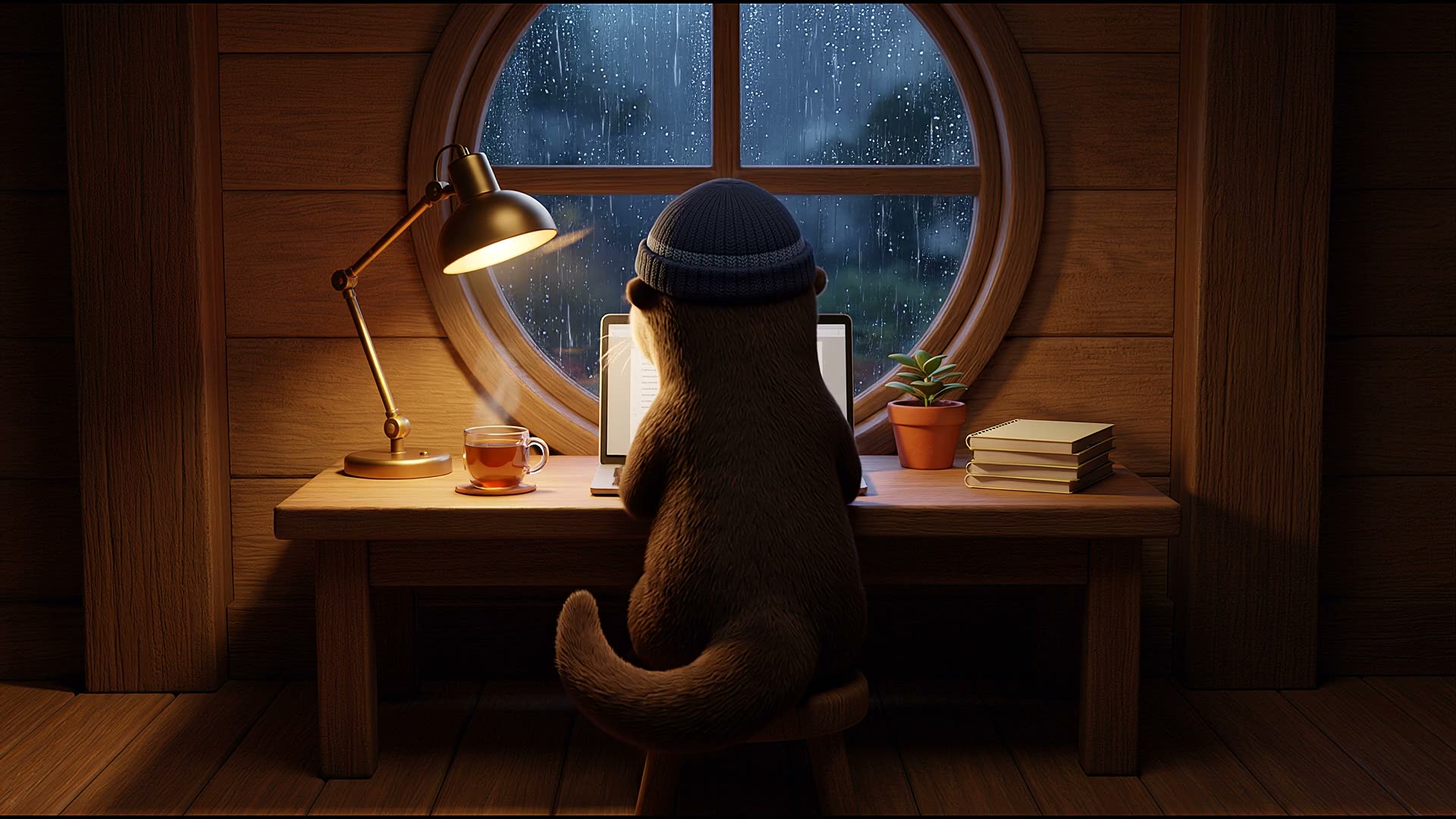 Rainy Desk: Ondi works at his laptop at night while rain runs down the round window.